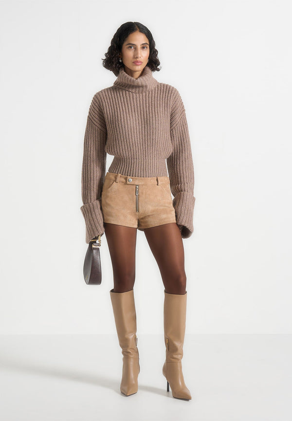 Fara - Suede Mini Shorts - Beige