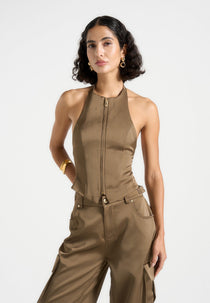 Claudette - Satin Halterneck Backless Top - Dark Olive