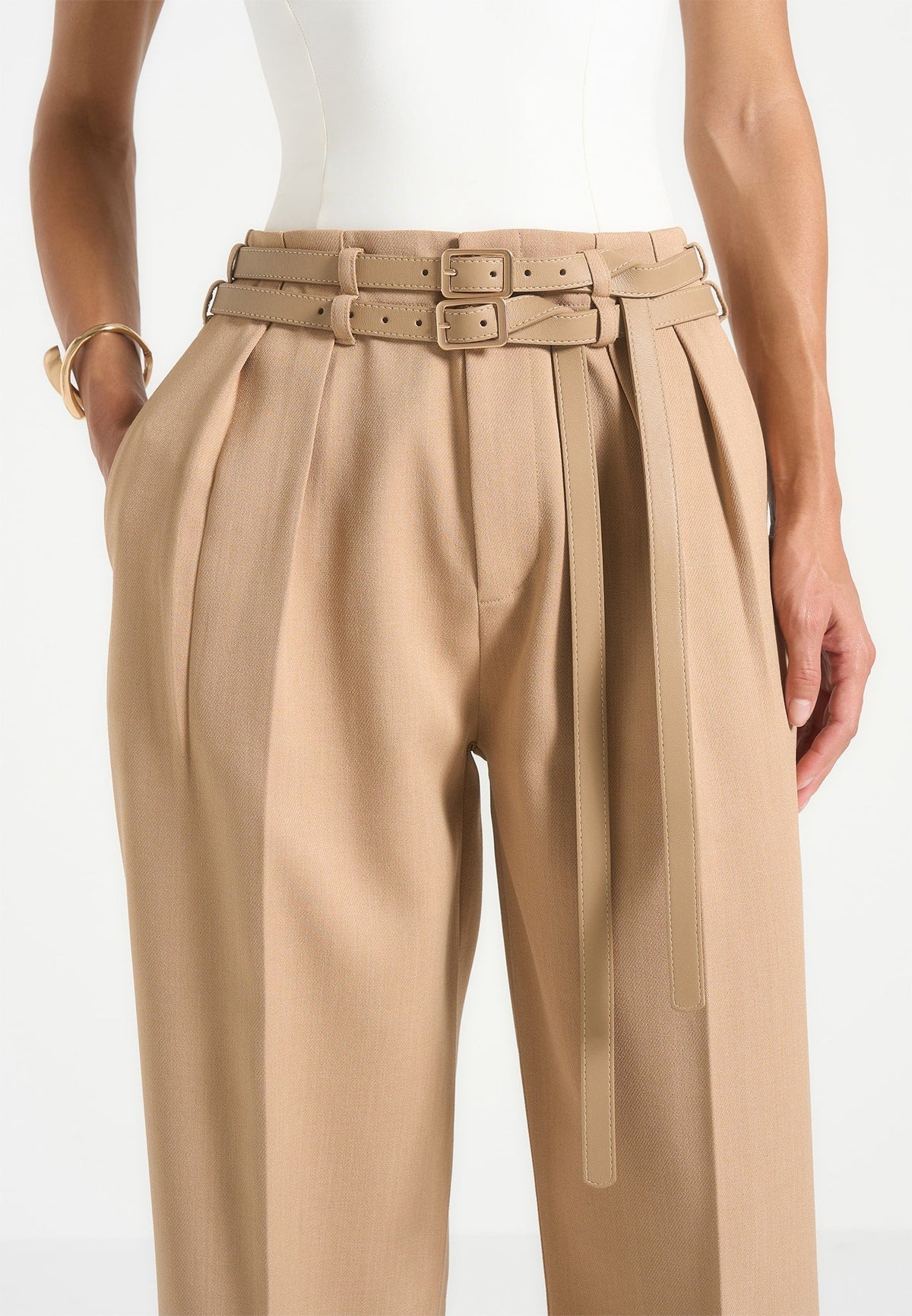 Pascale - Tailored Twin Belt Pants - Dark Beige