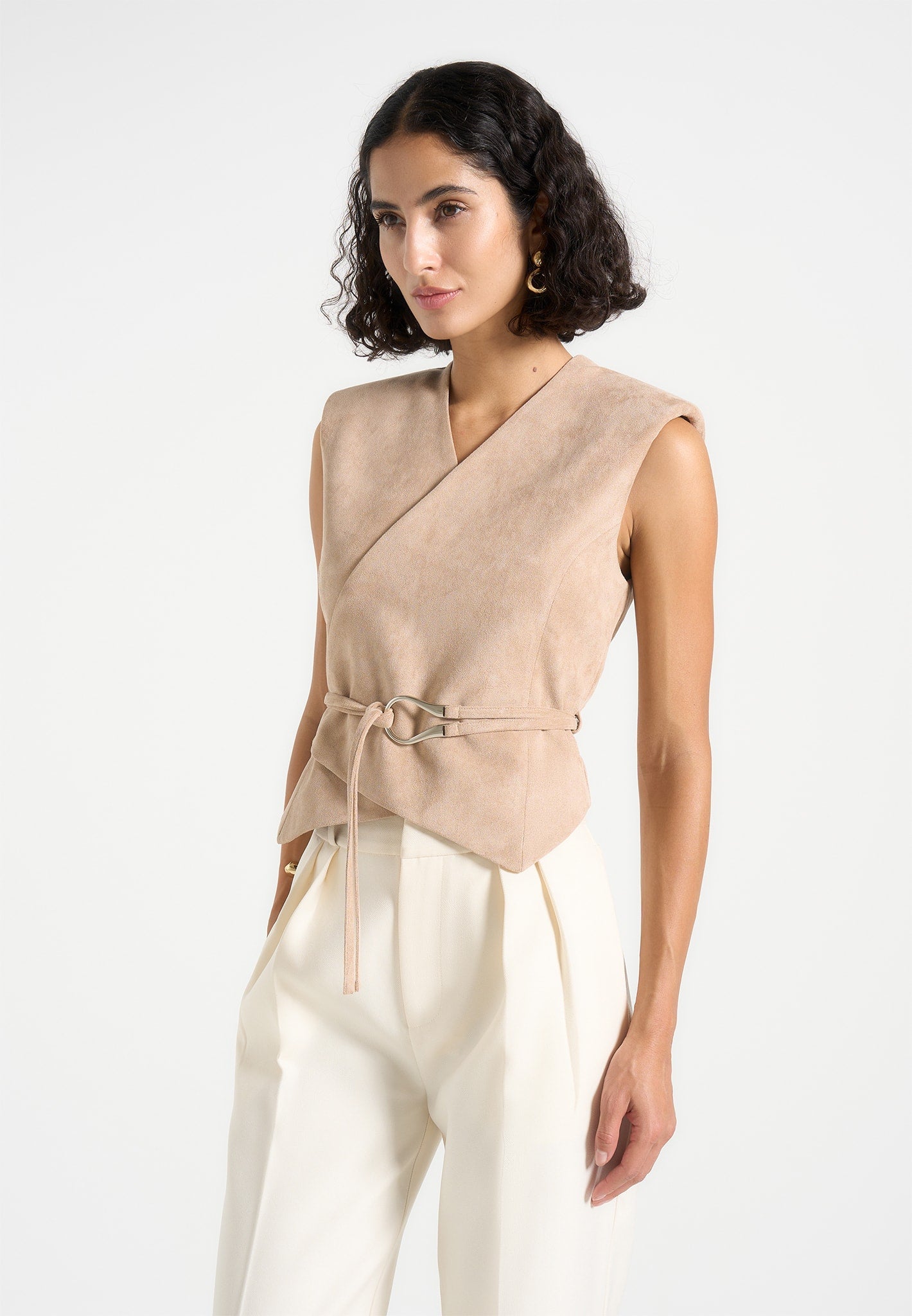 Jeanne - Suede Wrap Waistcoat with Belt - Taupe