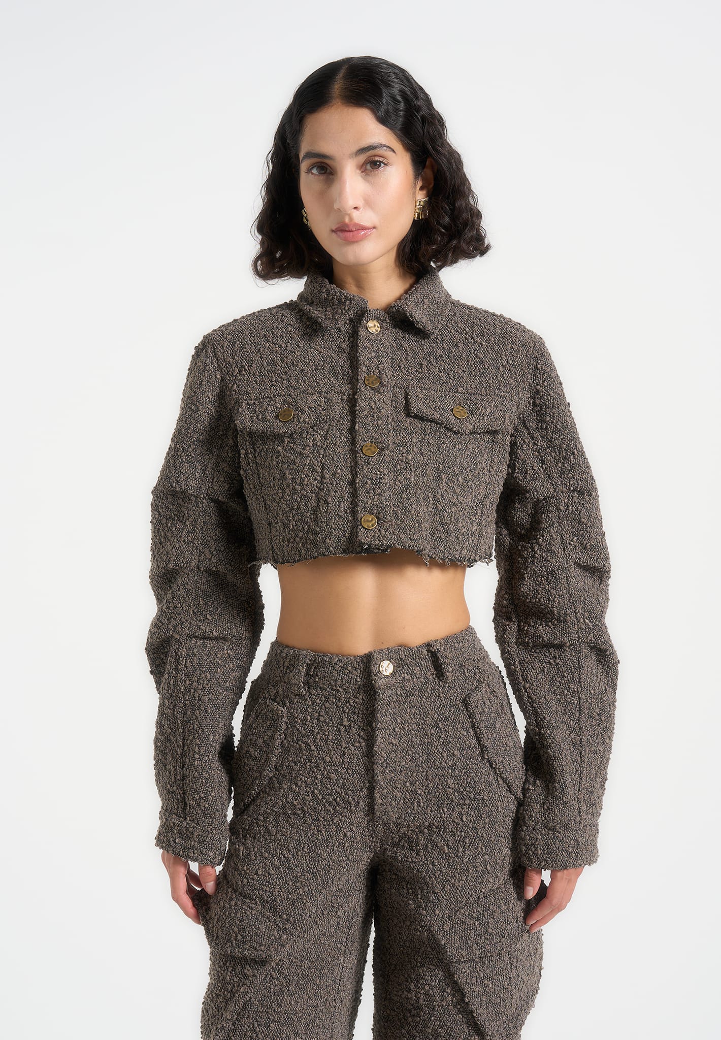 Catherine - Cropped Boucle Denim Jacket - Brown 