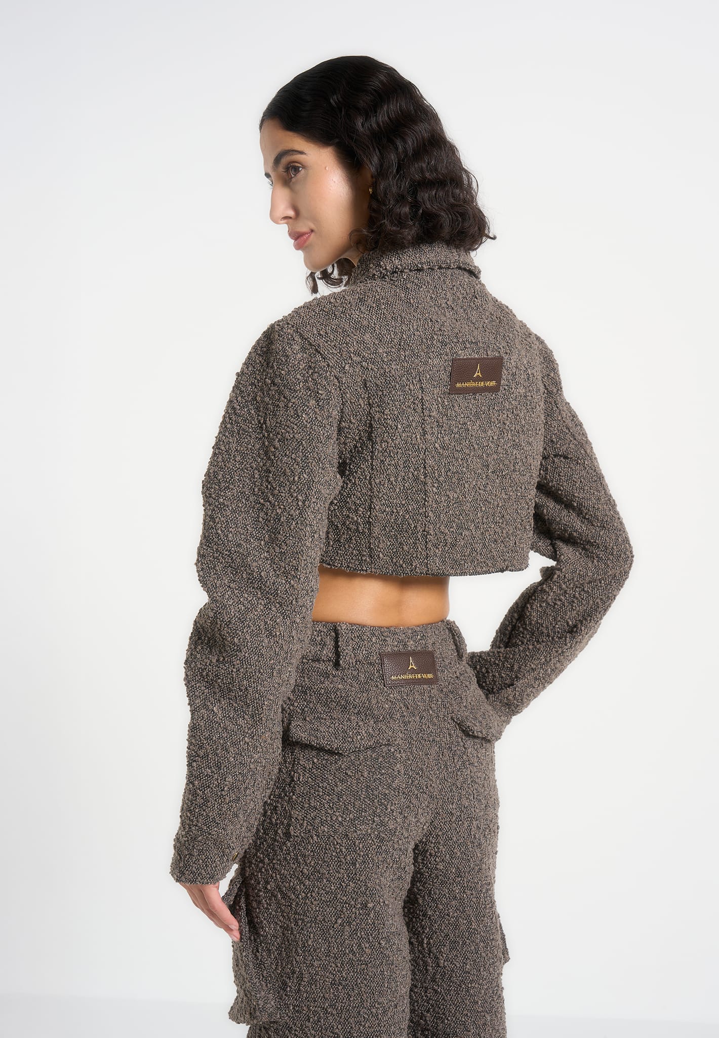 Catherine - Cropped Boucle Denim Jacket - Brown