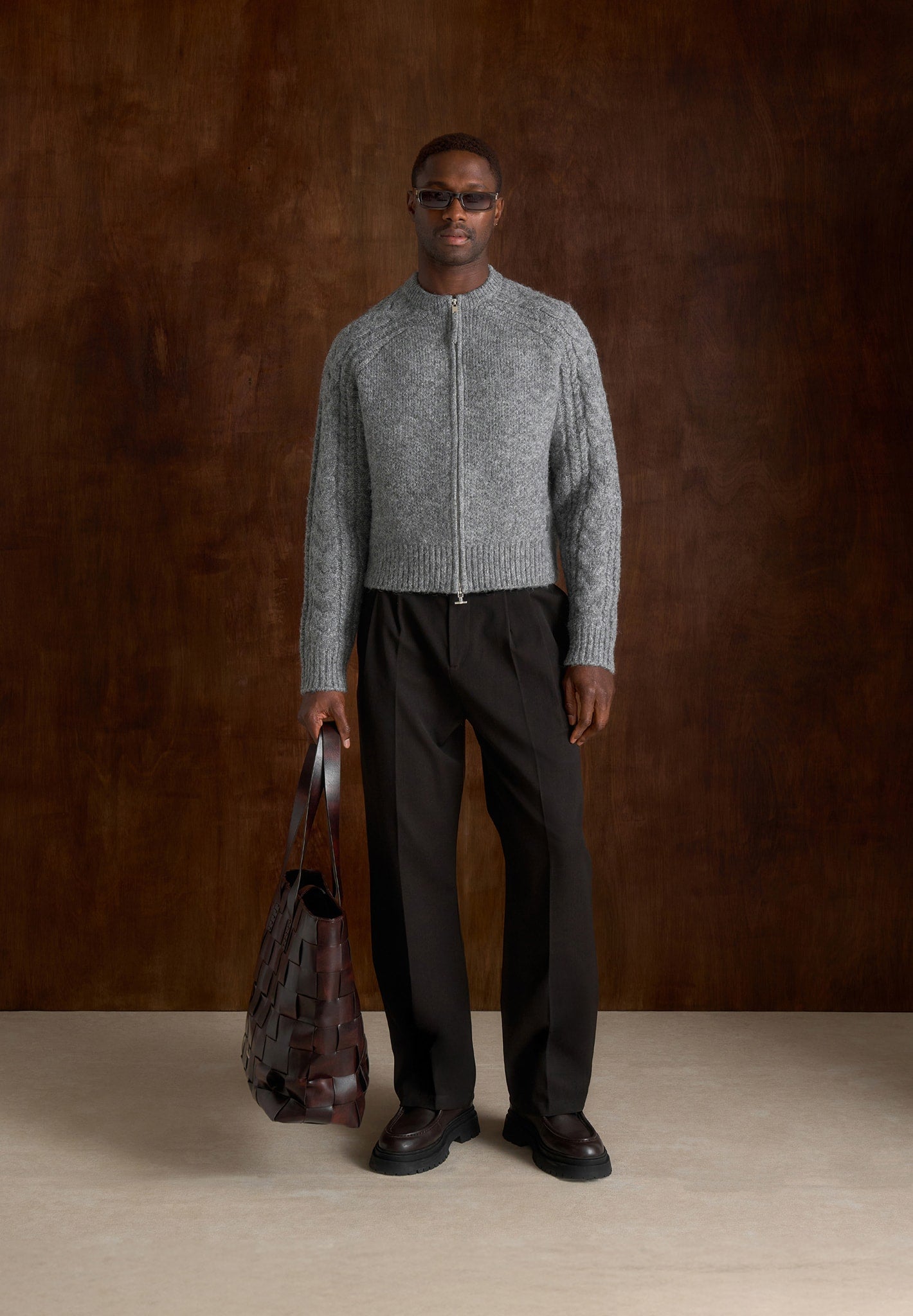 Gaby - Speckled Cable Knit Zip Cardigan - Grey