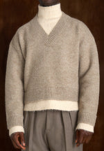 Jacques - Unisex Double Layer V-Neck Knit Jumper - Beige/Cream