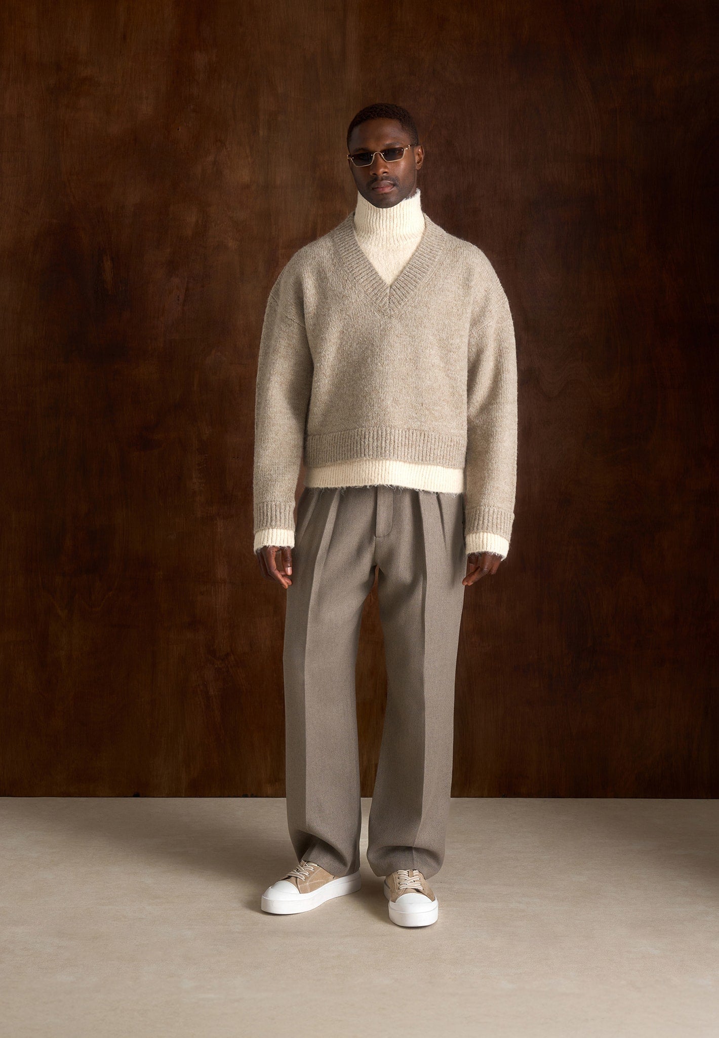 Jacques - Unisex Double Layer V-Neck Knit Jumper - Beige/Cream