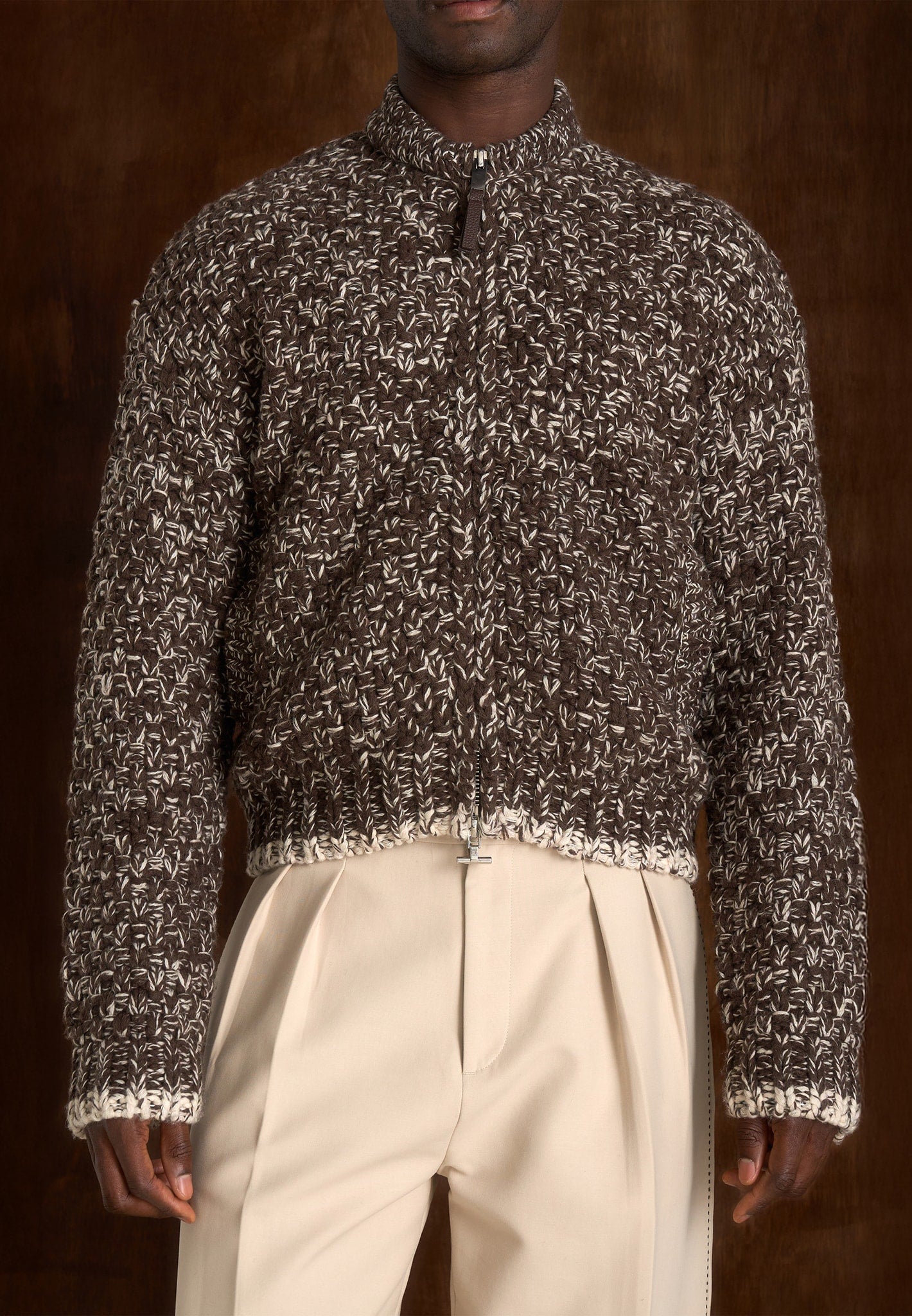 Darel - Speckled Knit Bomber Jacket - Brown