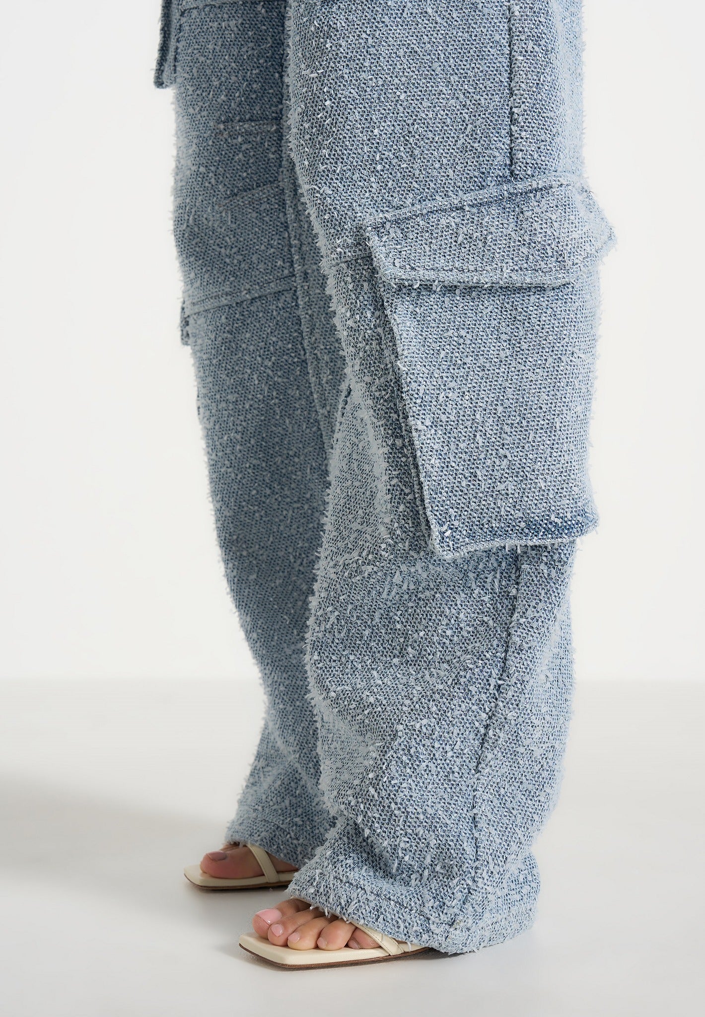 Anne - Denim High Waisted Boucle Cargo Pants - Mid Blue