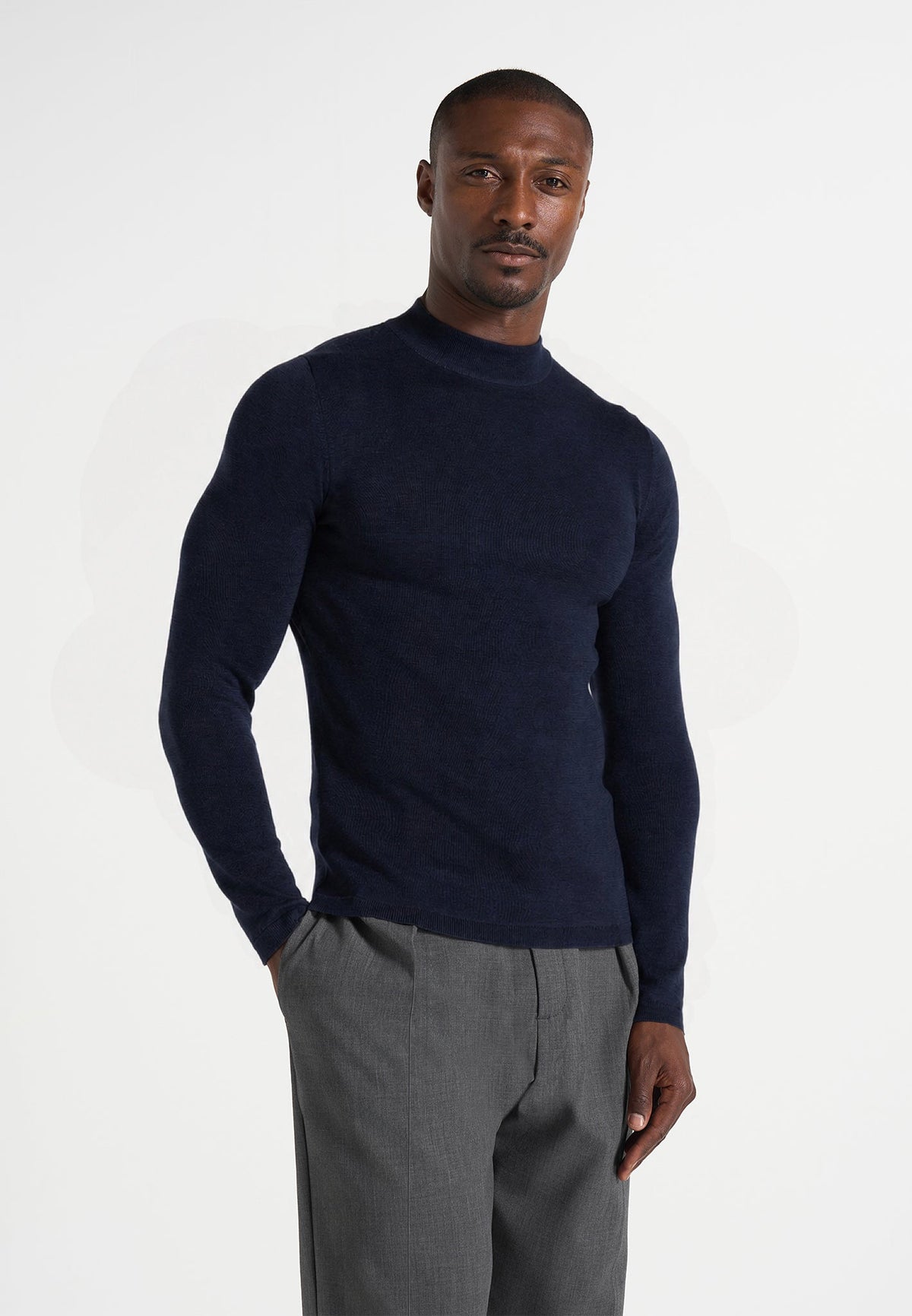 KW003 - Fitted Mock Neck Wool-Blend Jumper - Navy