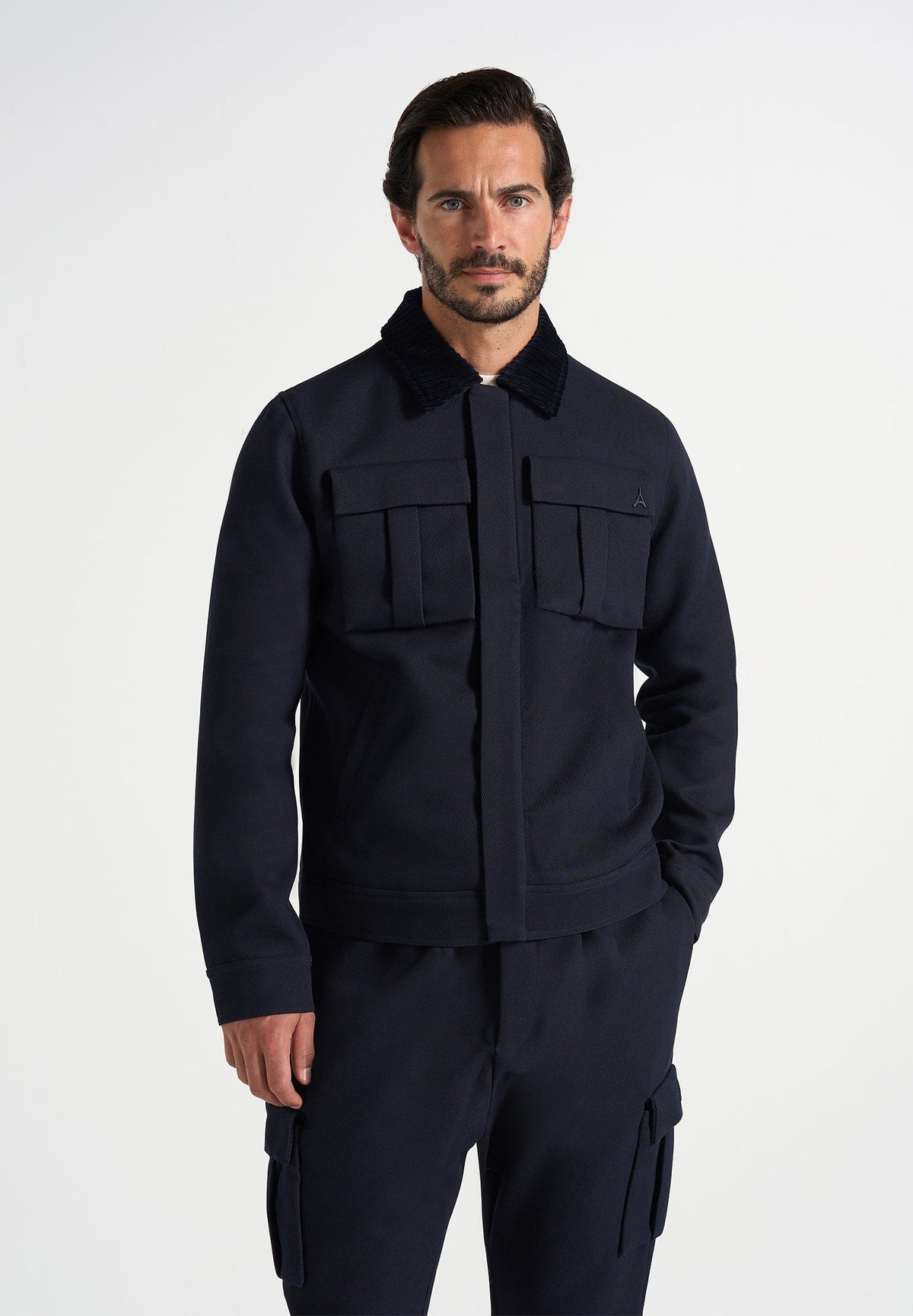 Twill Trucker Jacket with Velvet Collar - Navy