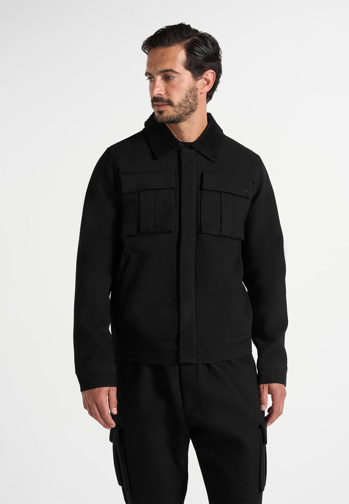 Twill Trucker Jacket with Velvet Collar - Black