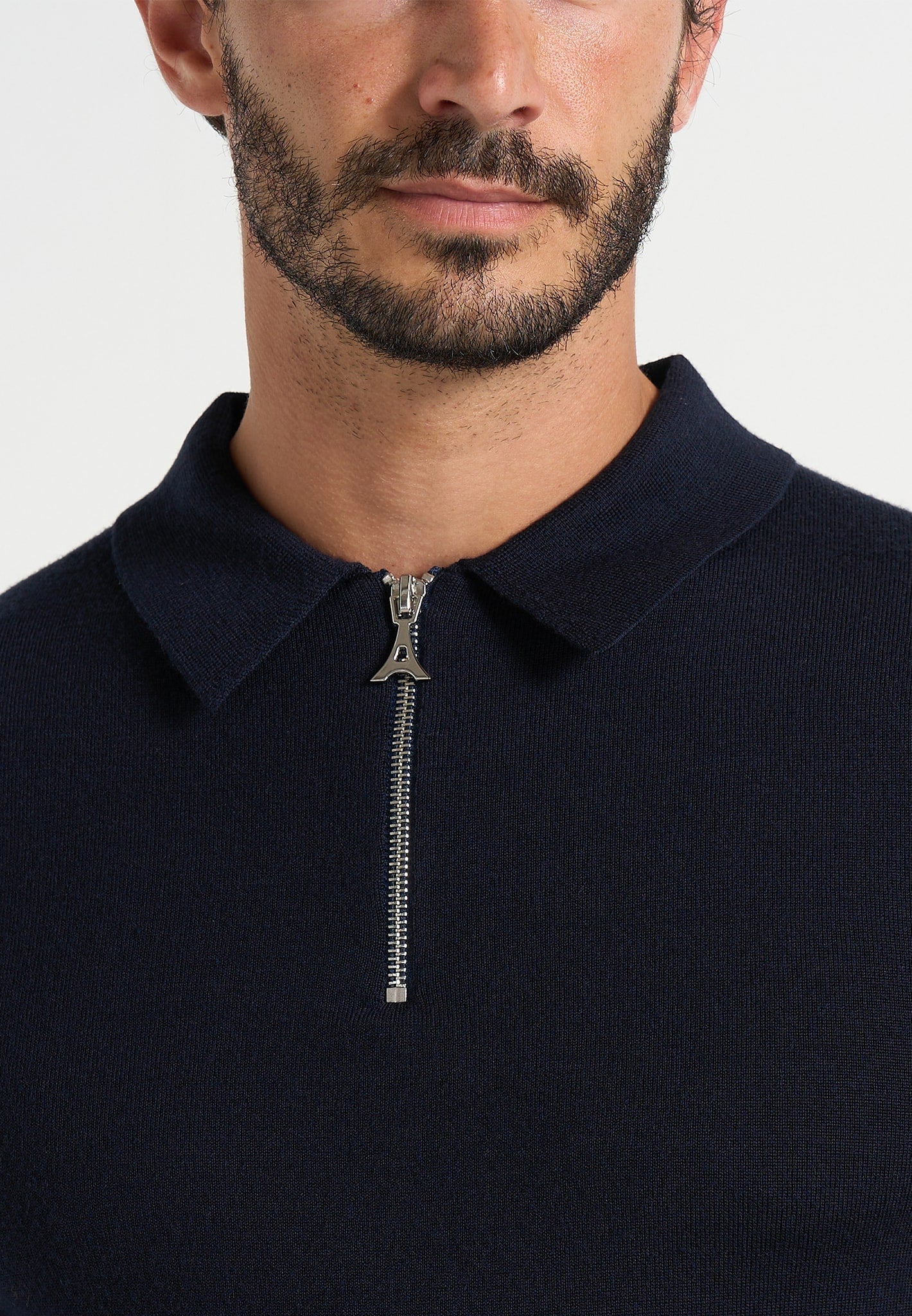 Merino Wool Long Sleeve Polo Top With Zip - Marl Grey