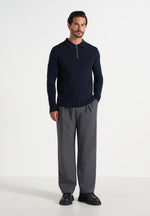 Merino Wool Long Sleeve Polo Top With Zip - Navy