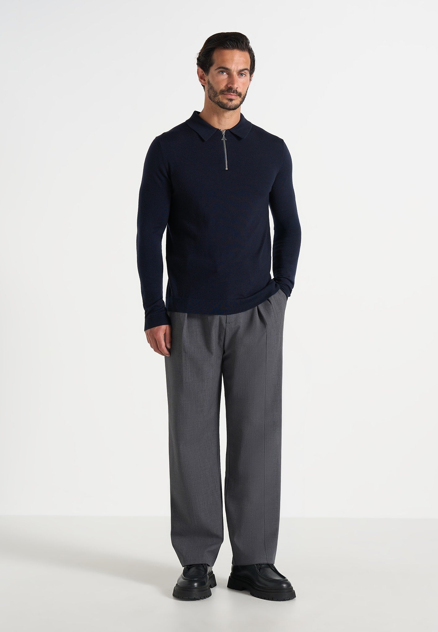 Merino Wool Long Sleeve Polo Top With Zip - Marl Grey