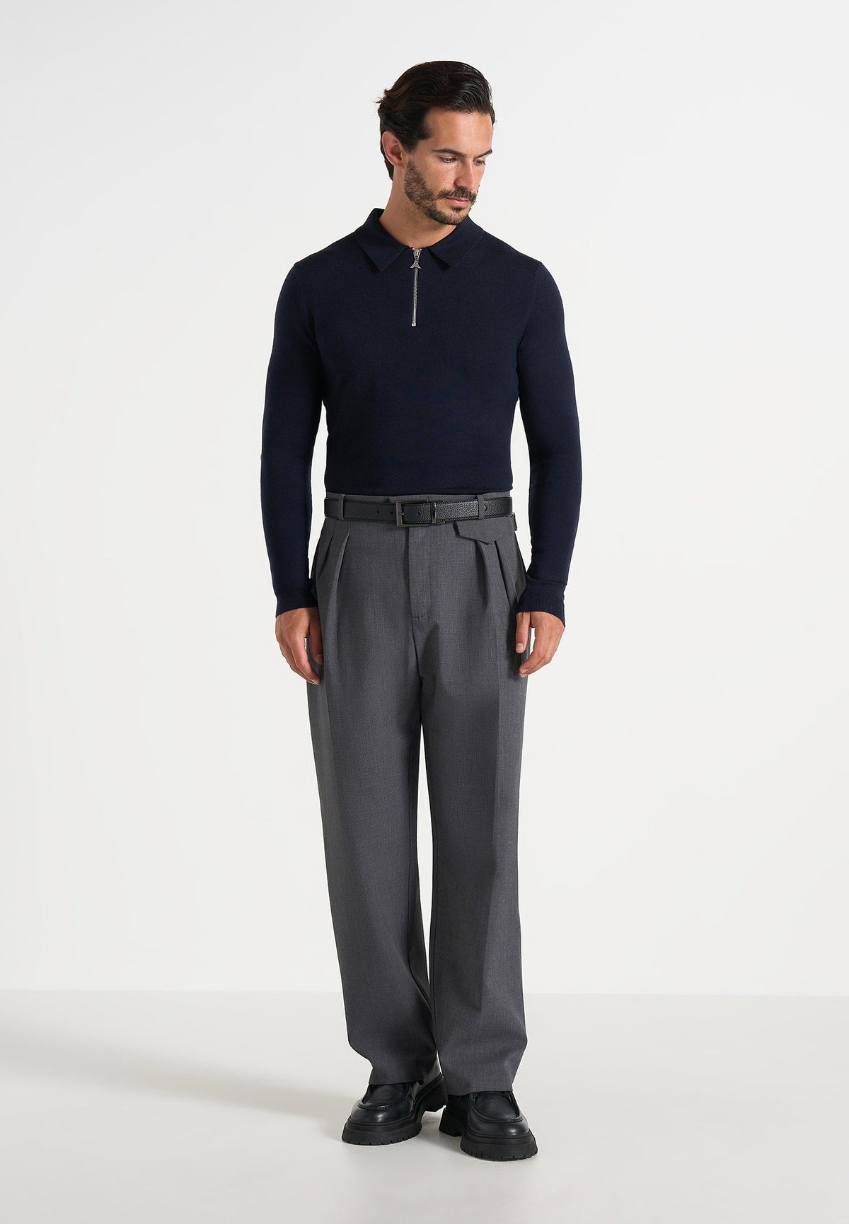 Merino Wool Long Sleeve Polo Top With Zip - Navy