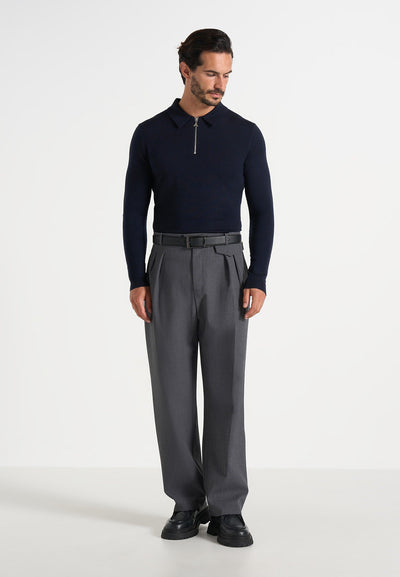 Merino Wool Long Sleeve Polo Top With Zip - Navy