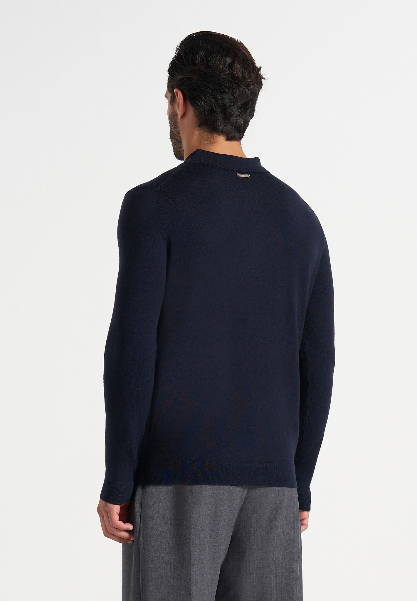 Merino Wool Long Sleeve Polo Top With Zip - Navy