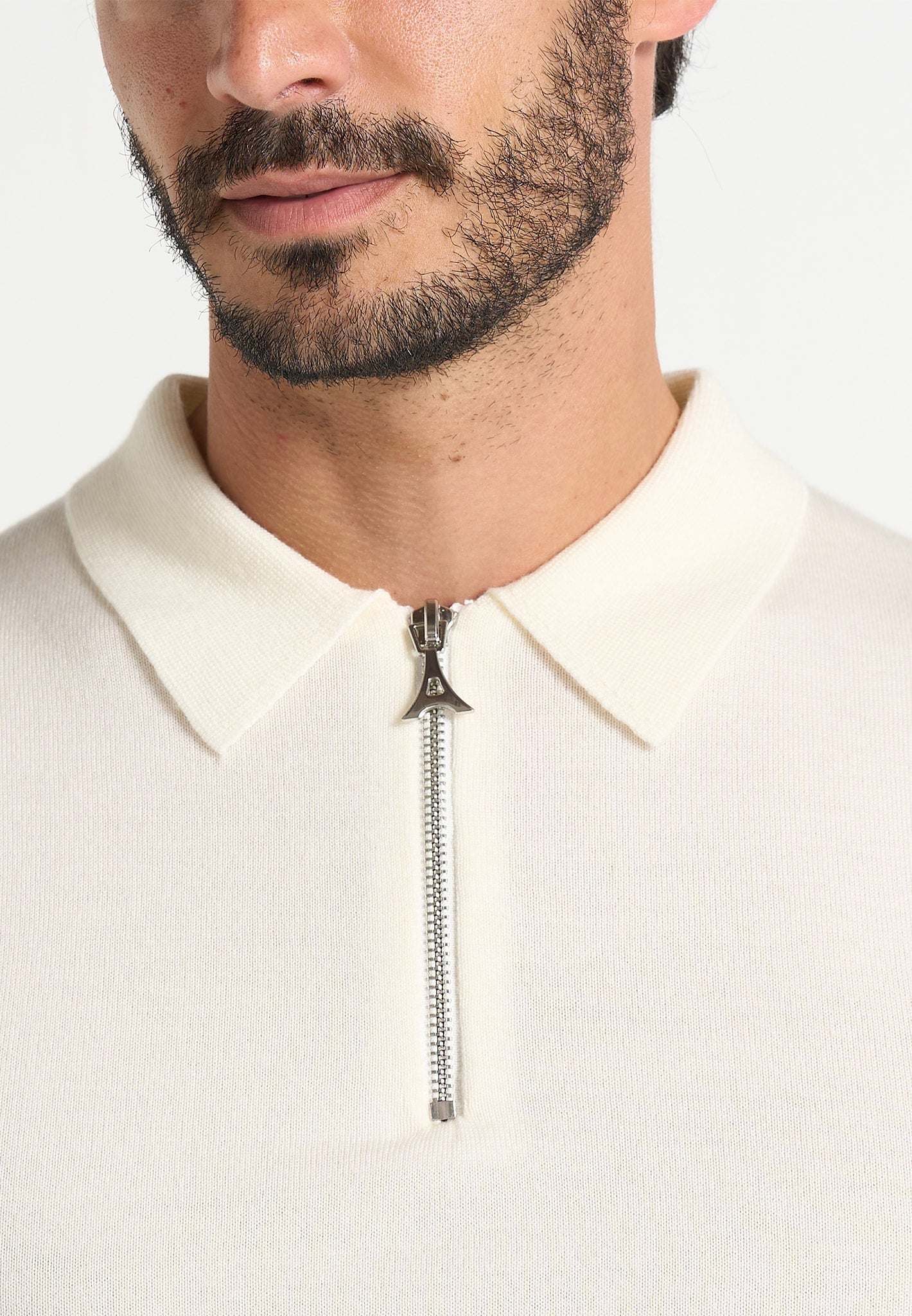 Merino Wool Long Sleeve Polo Top With Zip - Off White