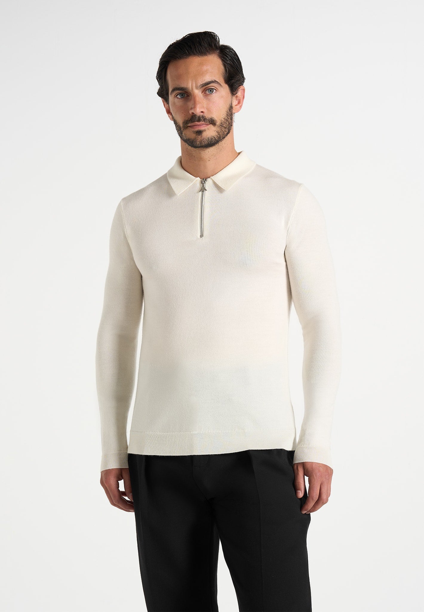Merino Wool Long Sleeve Polo Top With Zip - Off White