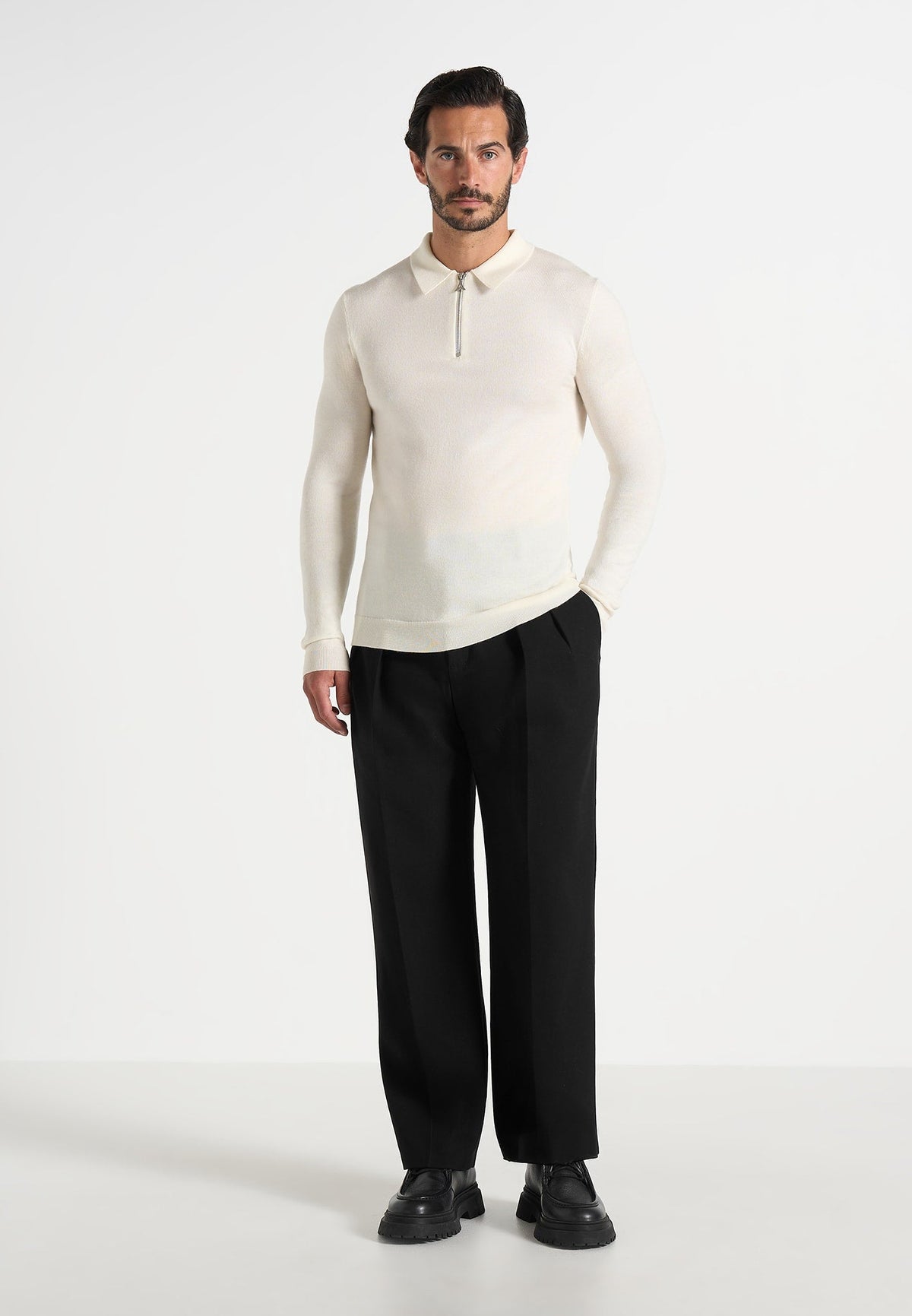 Merino Wool Long Sleeve Polo Top With Zip - Off White