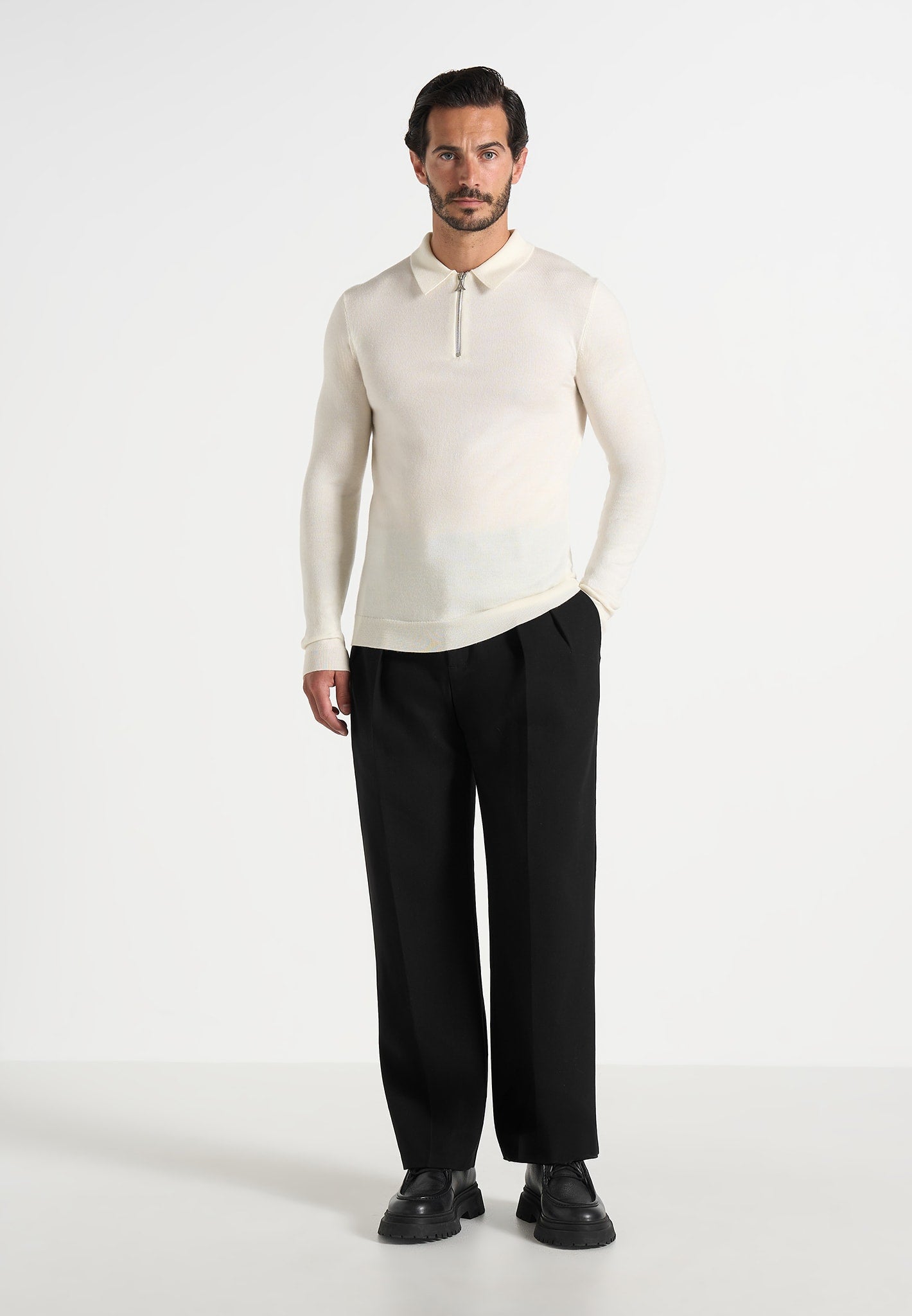 Merino Wool Long Sleeve Polo Top With Zip - Off White