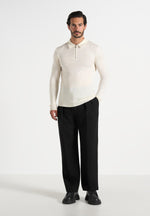 Merino Wool Long Sleeve Polo Top With Zip - Off White