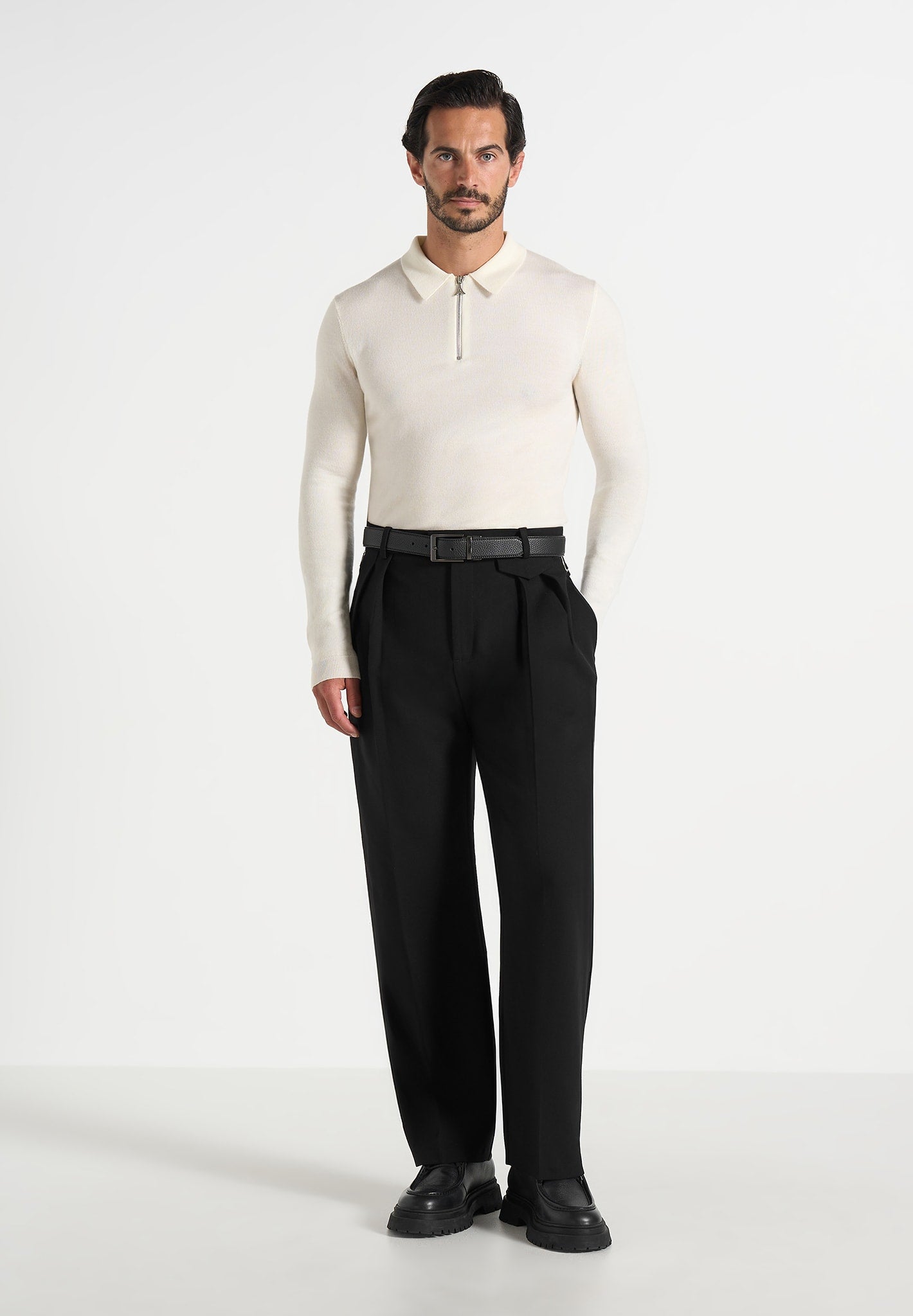 Merino Wool Long Sleeve Polo Top With Zip - Off White