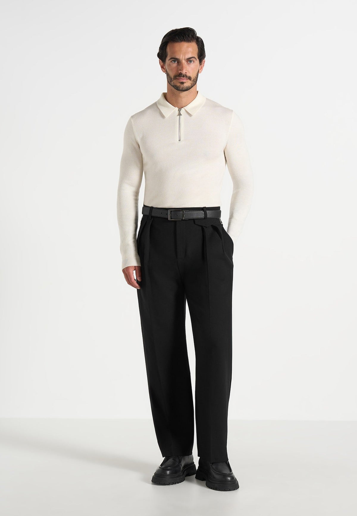 Merino Wool Long Sleeve Polo Top With Zip - Off White