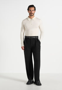 Merino Wool Long Sleeve Polo Top With Zip - Off White