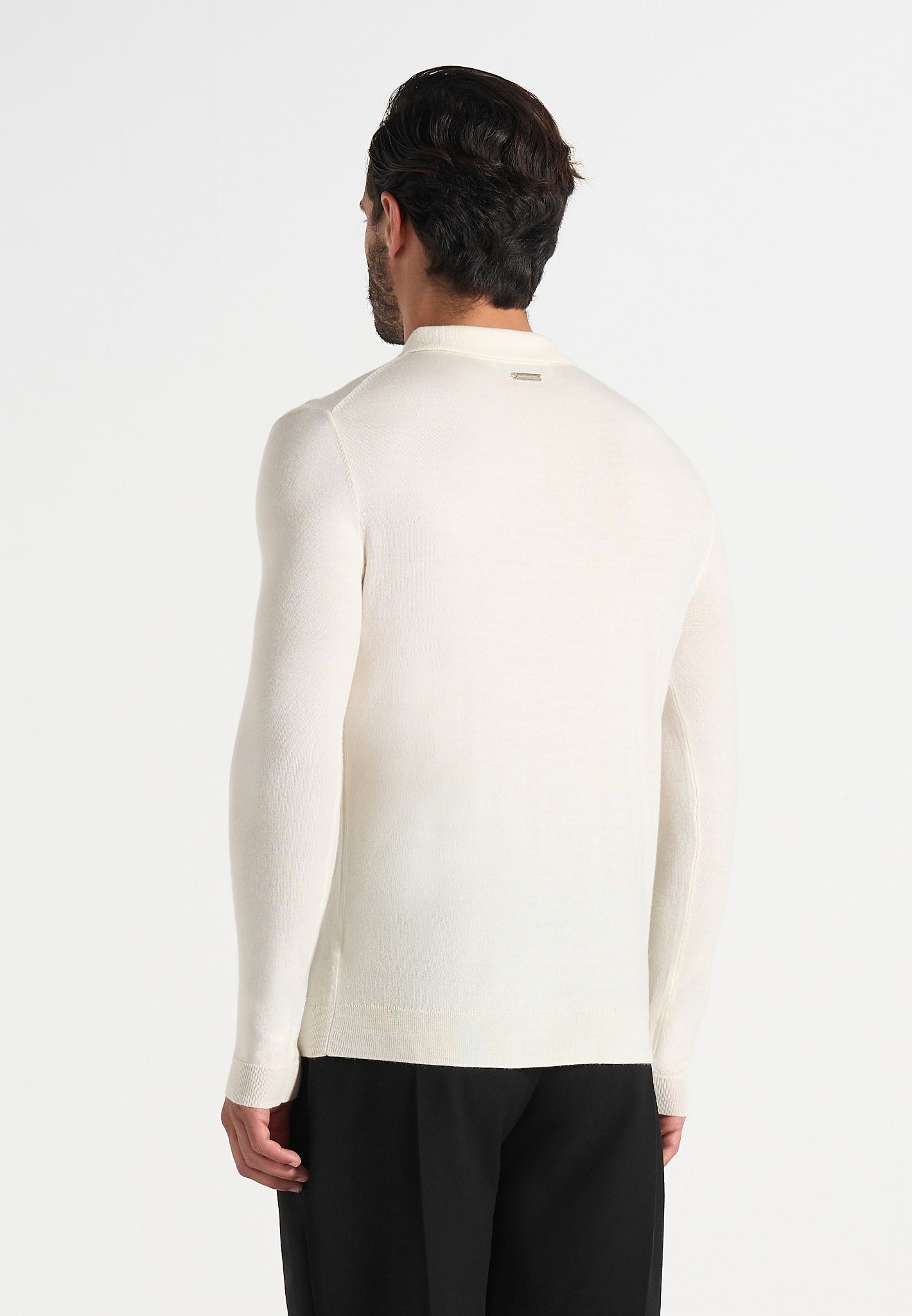 Merino Wool Long Sleeve Polo Top With Zip - Off White