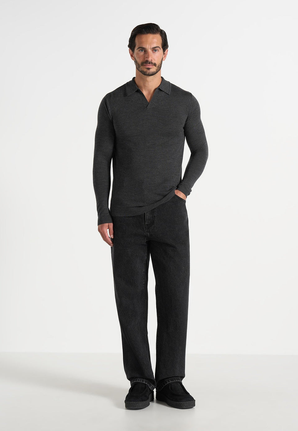 Merino Wool Long Sleeve Revere Polo Shirt - Grey