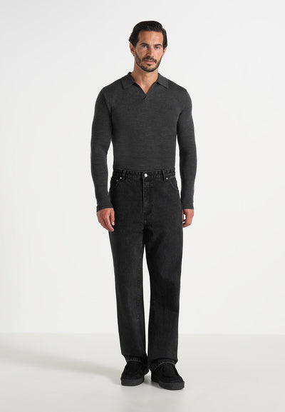 Merino Wool Long Sleeve Revere Polo Shirt - Grey