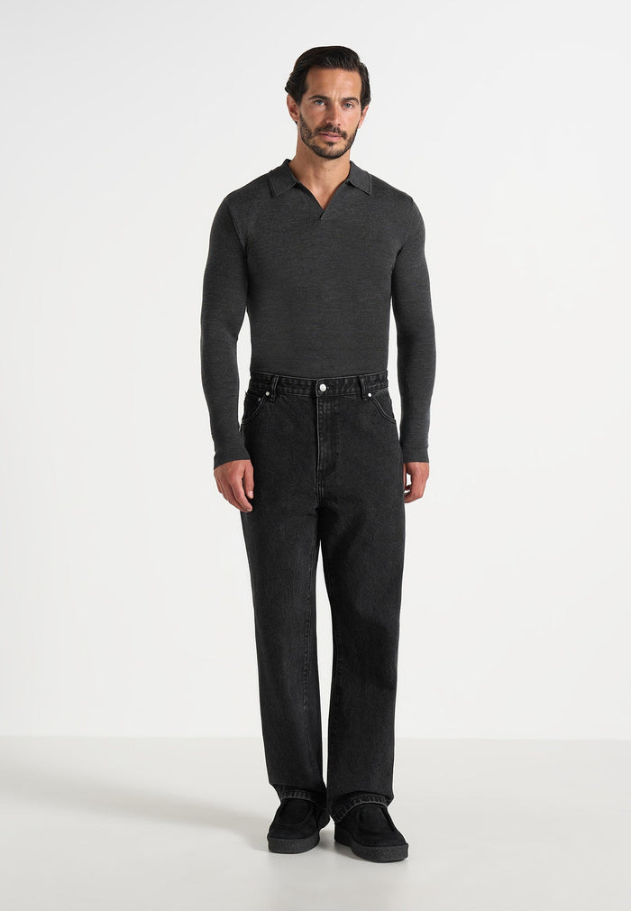 Merino Wool Long Sleeve Revere Polo Shirt - Grey