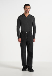 Merino Wool Long Sleeve Revere Polo Shirt - Grey