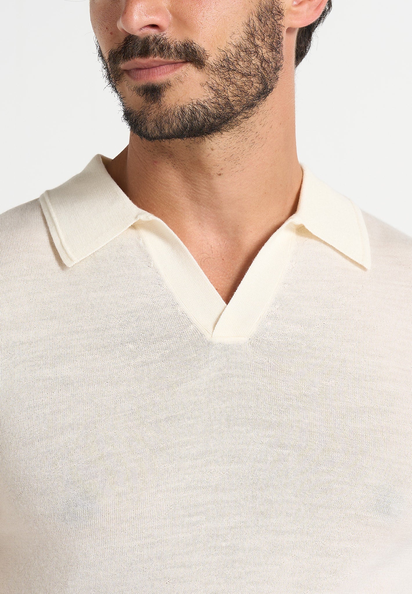 Merino Wool Long Sleeve Revere Polo Shirt - Off White