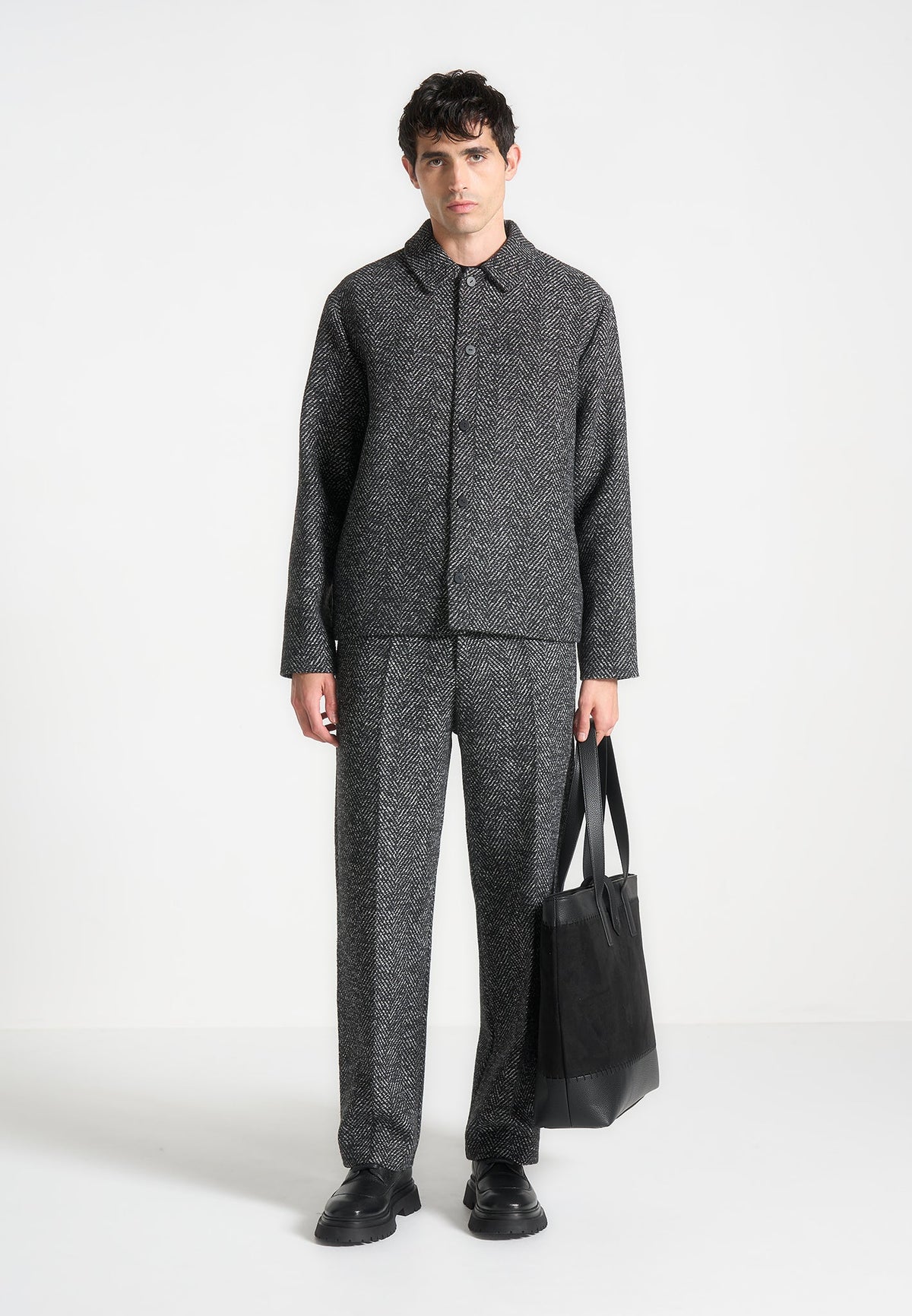 Brushed Herringbone Pants - Black
