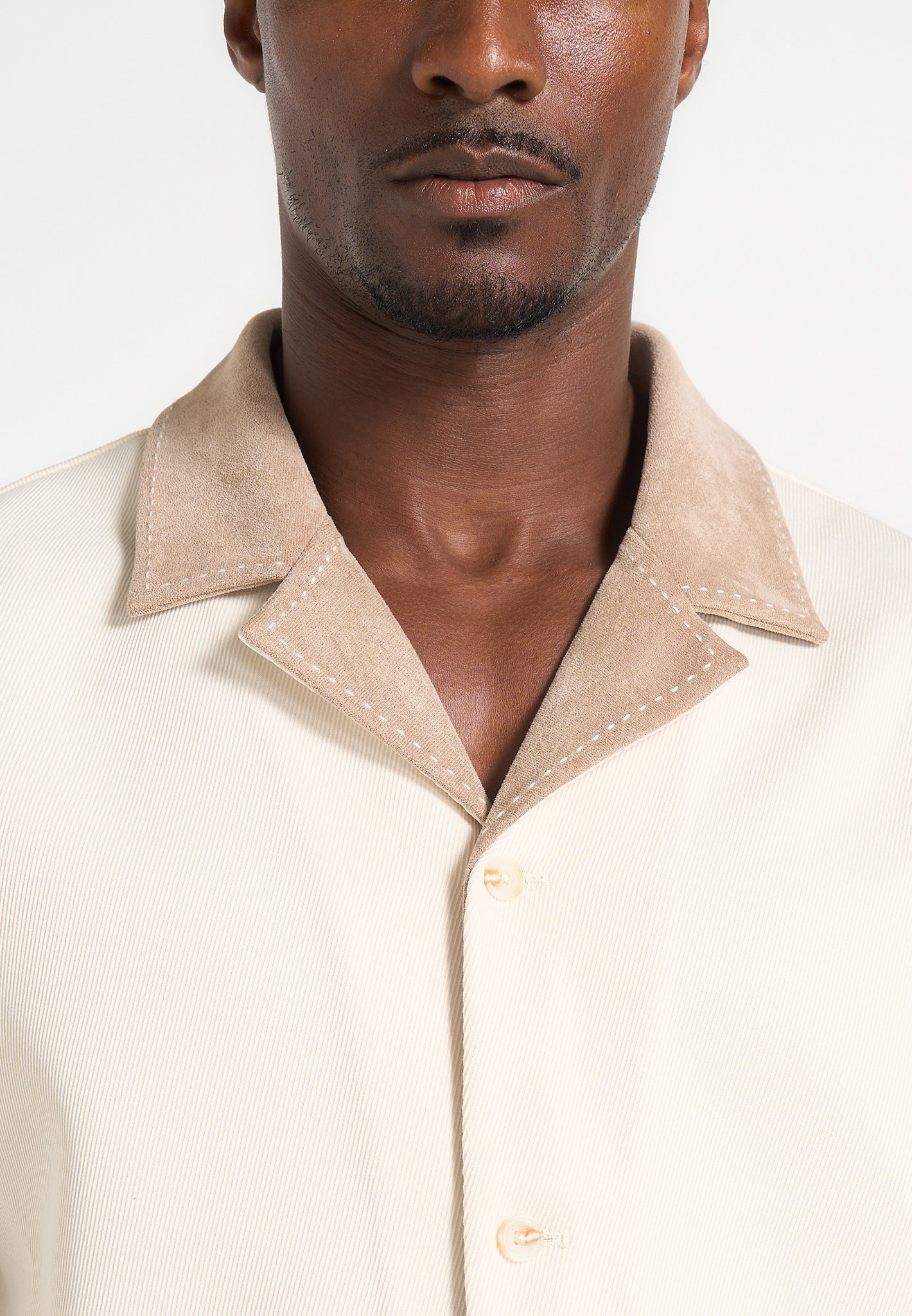Joel - Twill Shirt with Suede Revere Collar  - Cream