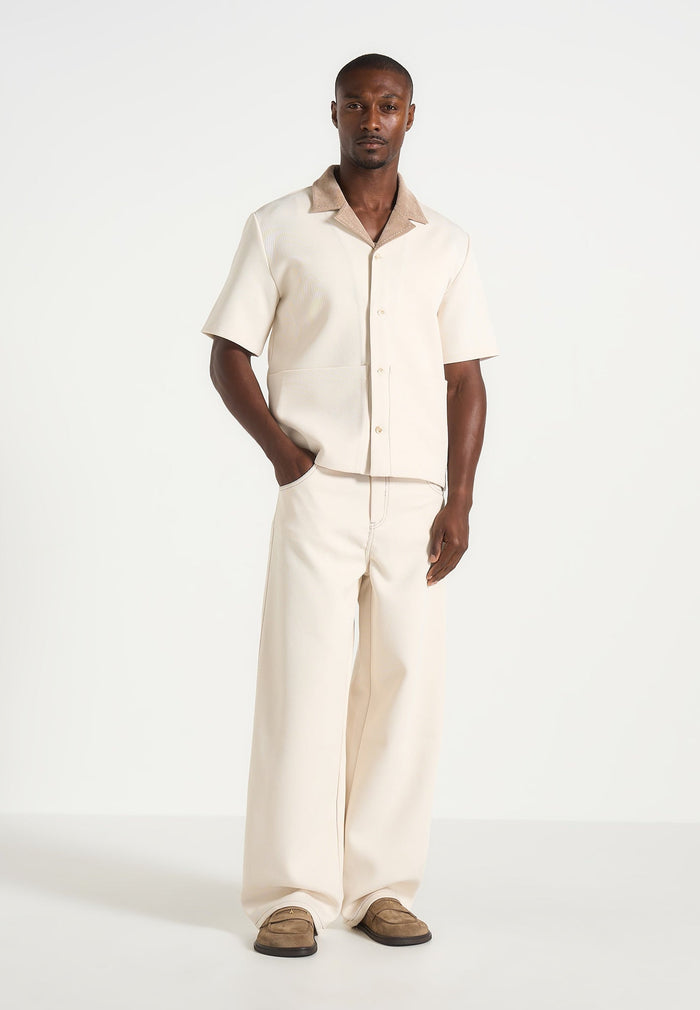 Joel - Twill Shirt with Suede Revere Collar  - Cream
