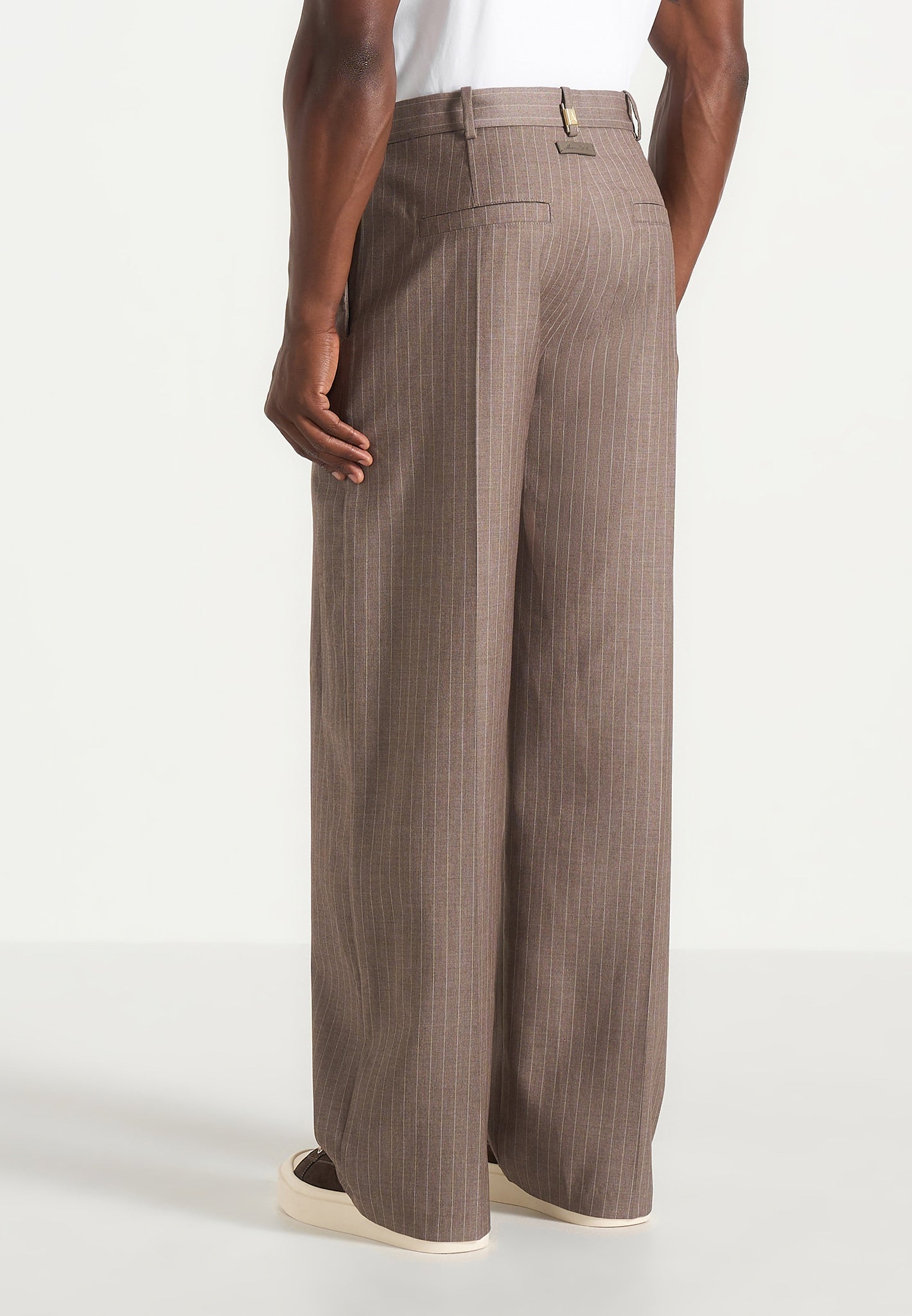 Charles - Wide Fit Wrap Leg Pinstripe Tailored Pants - Taupe