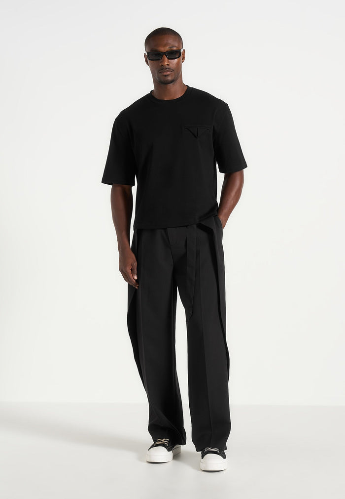 Charles - Wide Fit Wrap Leg Tailored Pants - Black