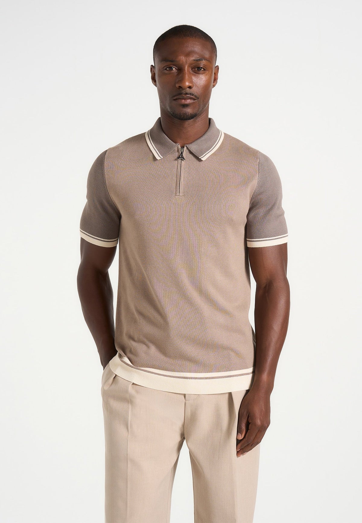 Cole - Colour Block Zip Polo Shirt - Taupe