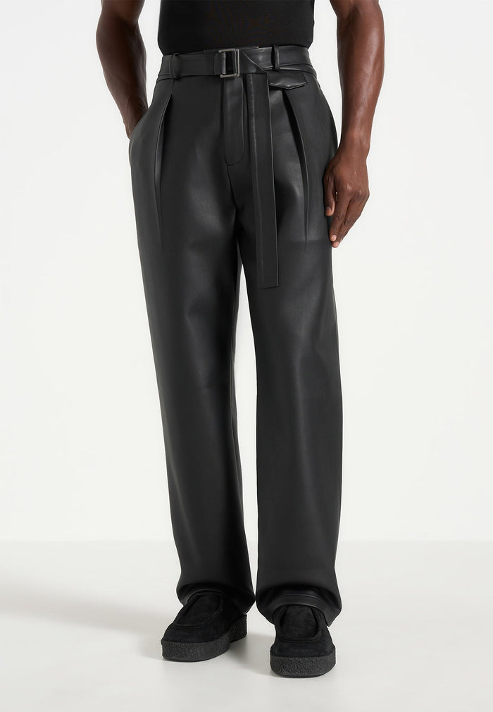 Serge - Relaxed Fit Leather Pleated Pants - Black