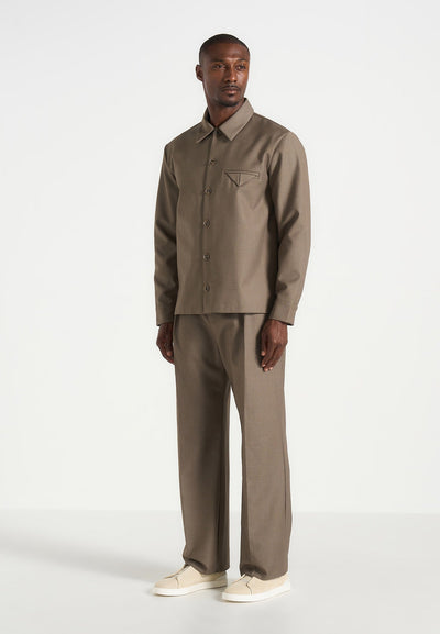 Leo - Hatched Tailored Long Sleeve Overshirt - Khaki