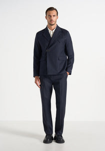 Gaston - Double Breasted Clasp Detail Wool-Blend Pinstripe  Suit Blazer - Navy