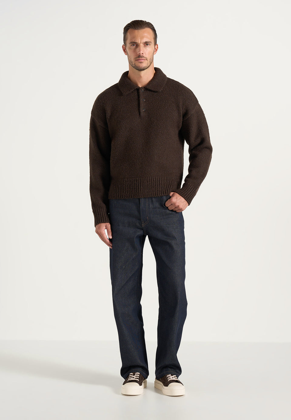 Finn - Brushed Wool-Blend Polo Knit Jumper - Brown