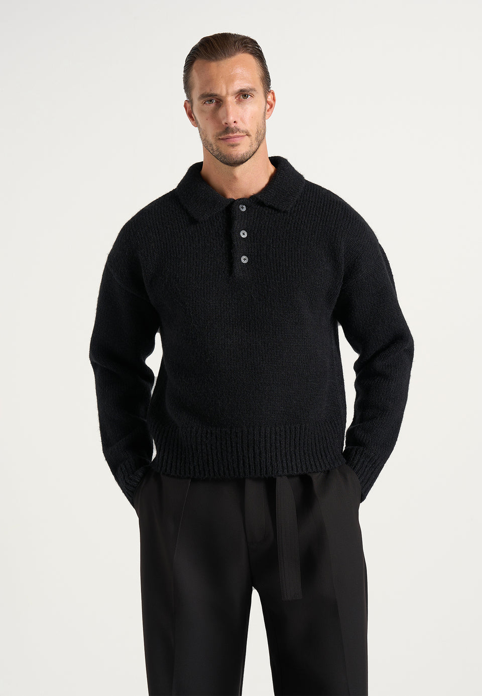 Finn - Brushed Wool-Blend Polo Knit Jumper - Black