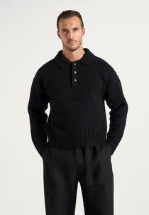 Finn - Brushed Wool-Blend Polo Knit Jumper - Black