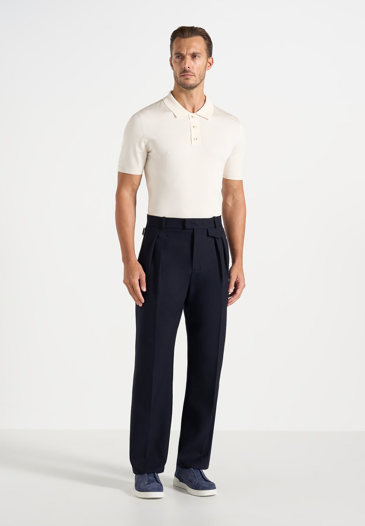 Pierre - Twin Pleat Tailored Wool-Blend Trousers - Dark Navy