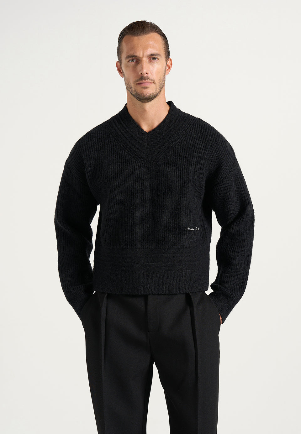 Remi - Signature Ribbed Wool-Blend V-Neck Jumper - Black