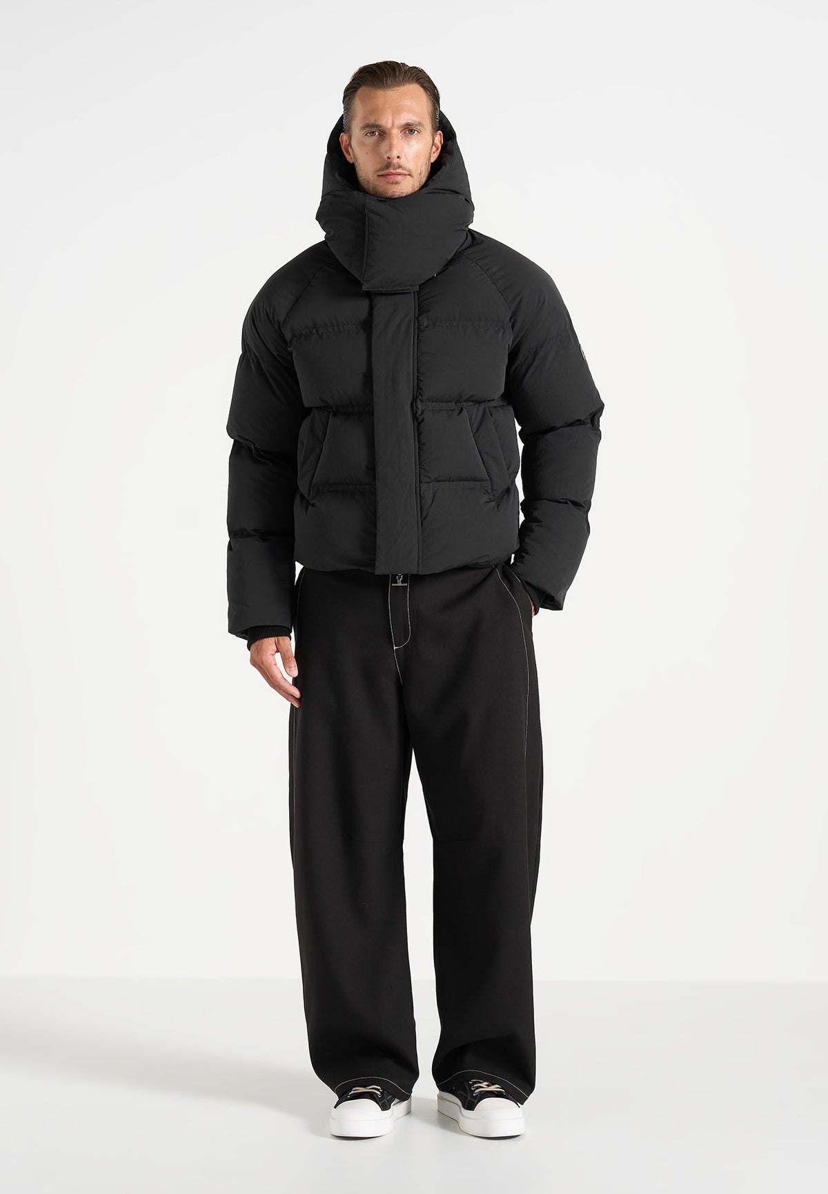 Bradley - Unisex Cropped Raglan Wrap Neck Puffer Jacket - Black