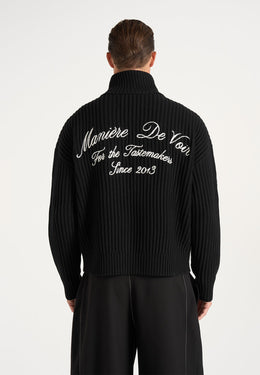Kyle - Unisex Applique Detail Ribbed Knit Jacket - Black